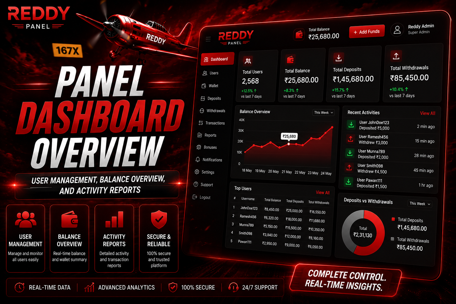 Reddypanel main dashboard user accounts balances overview